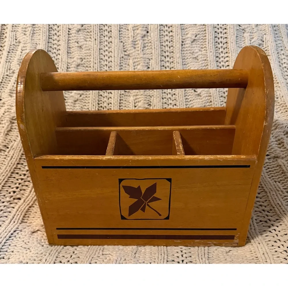 Vintage Wooden Caddy Organizer Maple Leaf Graphic 4 Compartments Farmhouse Decor